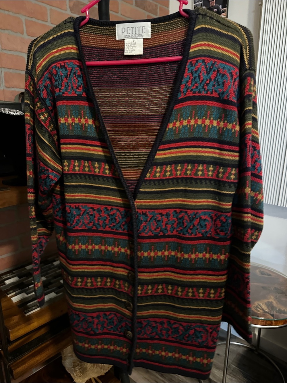 Petite Sophisticate Multicolor Striped Open-Front Cardigan — Red Green Gold Navy